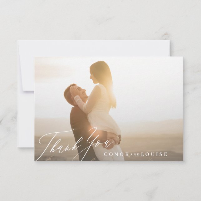 Classic Sage Green White Calligraphy Wedding Foto Dankeskarte (Vorderseite)