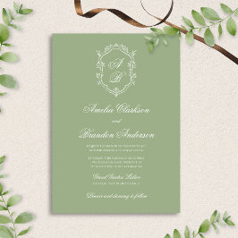 Classic Sage Green & White Monogram Crest Wedding Einladung