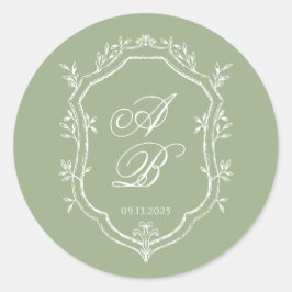 Classic Sage Green & White Monogram Crest Wedding Runder Aufkleber
