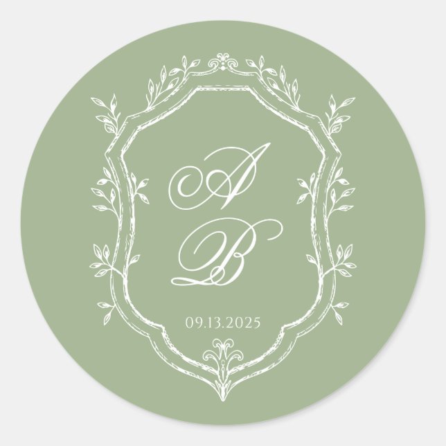 Classic Sage Green & White Monogram Crest Wedding Runder Aufkleber (Vorderseite)