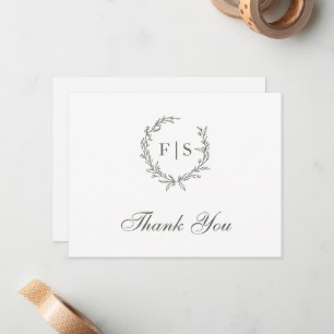 Classic Sage Green Wreath Monogram Danke Card Mitteilungskarte