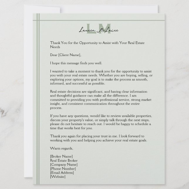 Classic Sage Realtor Client Correspondence Letter Briefbogen (Vorderseite)