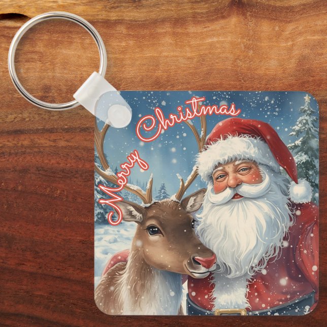 Classic Santa and Reindeer Keychain | Merry Christ Schlüsselanhänger (Vorderseite)