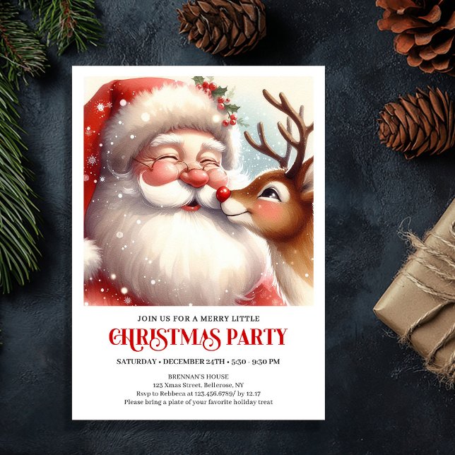 Classic Santa Rudolph Cozy Christmas Eve Family  Einladung (Classic Santa Rudolph Cozy Christmas Eve Family Party Invite

)