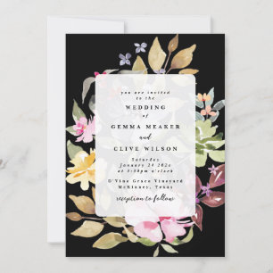 Classic Schwarz-weiß Watercolor Florals Wedding Einladung
