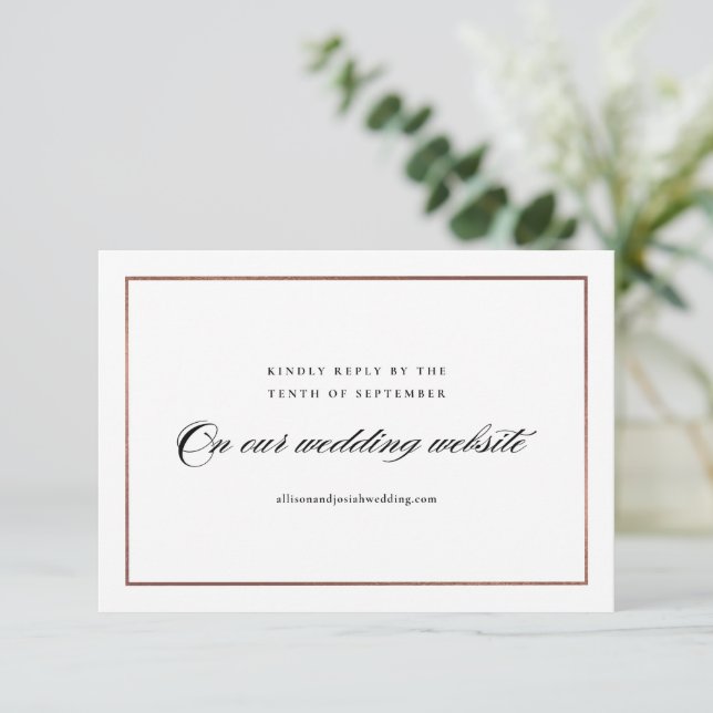 Classic Script Rose Gold Wedding Website RSVP Karte (Stehend Vorderseite)