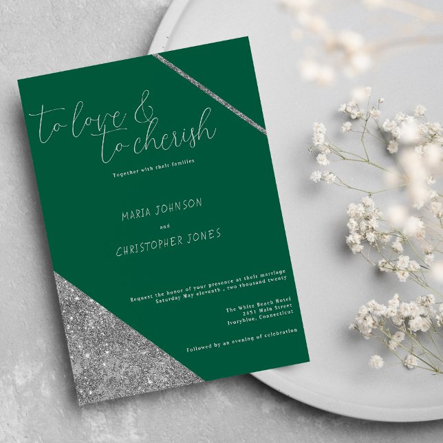 Classic script silver glitter jade green wedding einladung (Classic script silver glitter jade green wedding)