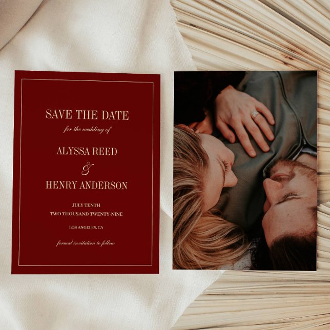 Classic Script Wine Red Wedding Photo Save The Date (Von Creator hochgeladen)
