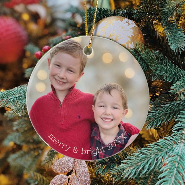 Classic Siblings Foto Weihnachtsmetall Keramik Ornament (Classic Siblings "Merry & Bright" Christmas Photo Ornament)