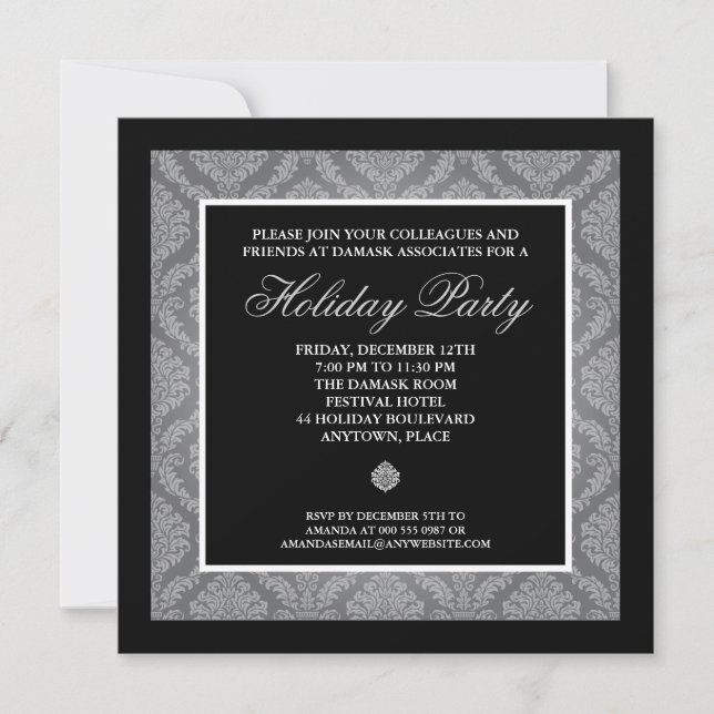 Classic Silver Damask Corporate Holiday Party Einladung (Vorderseite)