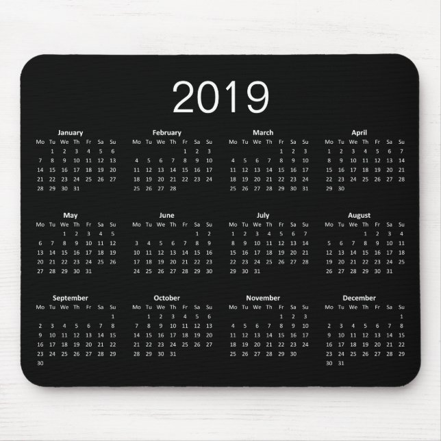 Classic Simple Black and White 2019 Calendar Mousepad (Vorne)