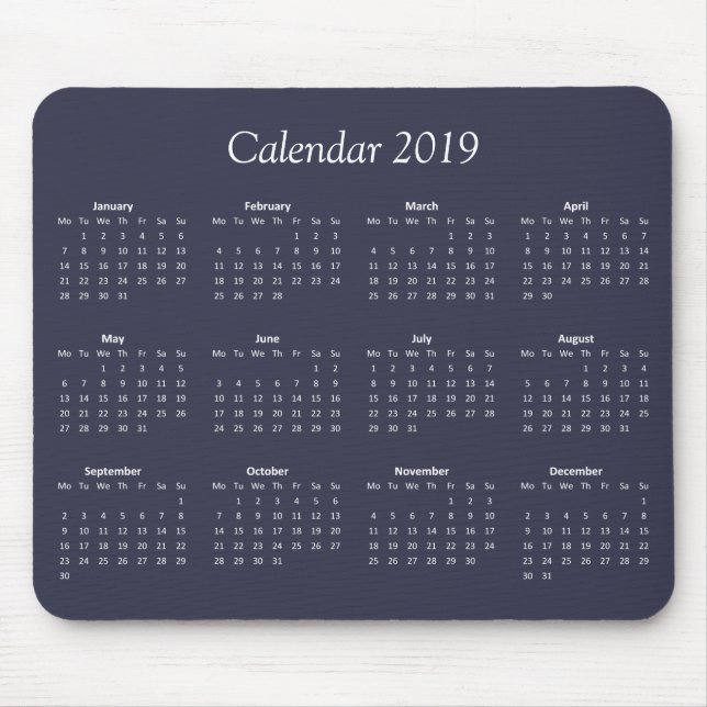 Classic Simple Blue and White 2019 Calendar Mousepad (Vorne)