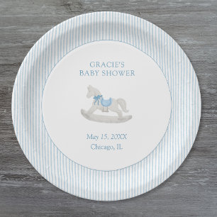 Classic Simple Blue Rocking Horse Boy Baby Shower Pappteller