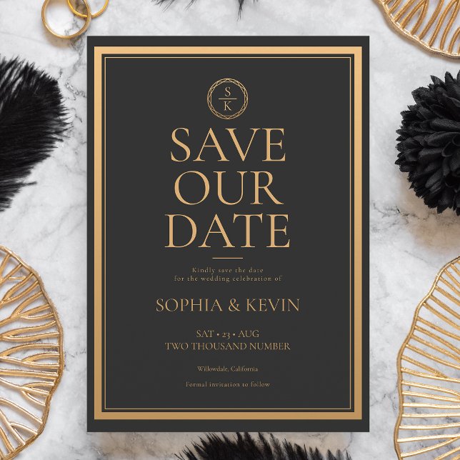 Classic Simple Elegance Save The Date (A sophisticated and chic save the date card that features your names in gold on a black background.)