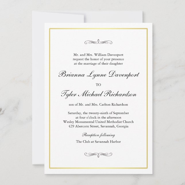 Classic Simple Elegance Wedding Gold Border Einladung (Vorderseite)