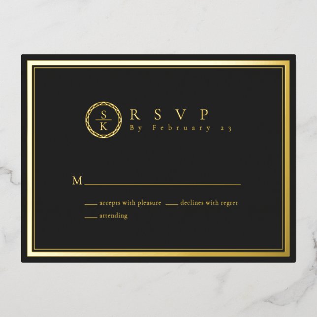 Classic Simple Elegant Gold Black Wedding RSVP Folie Einladungspostkarte (Vorderseite)