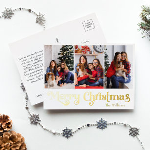 Classic Simple Three Foto Frohe Weihnachten Gold Folien Feiertagspostkarte