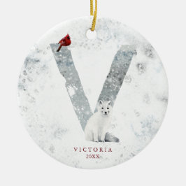 Classic Snowy Christmas Winter Scene Monogram V Keramik Ornament