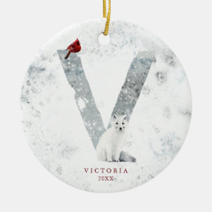 Classic Snowy Christmas Winter Scene Monogram V Keramik Ornament