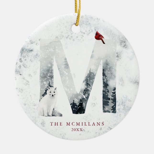 Classic Snowy Weihnachts Winter Scene Monogram M Keramik Ornament (Vorne)