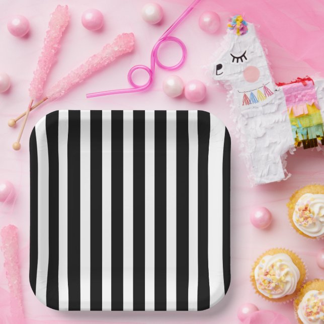 Classic Solid White and Black Striped 9" Square Pappteller (Party)