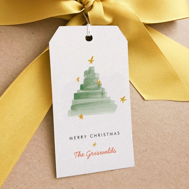 Classic Starlit Watercolor Weihnachtsbaum Geschenkanhänger (Watercolor starlit Christmas tree personalized gift tags.)