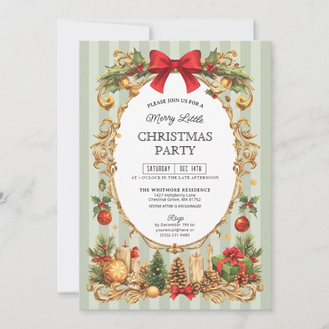 Classic Stripe Red Bow Christmas Party Einladung (Vorderseite)