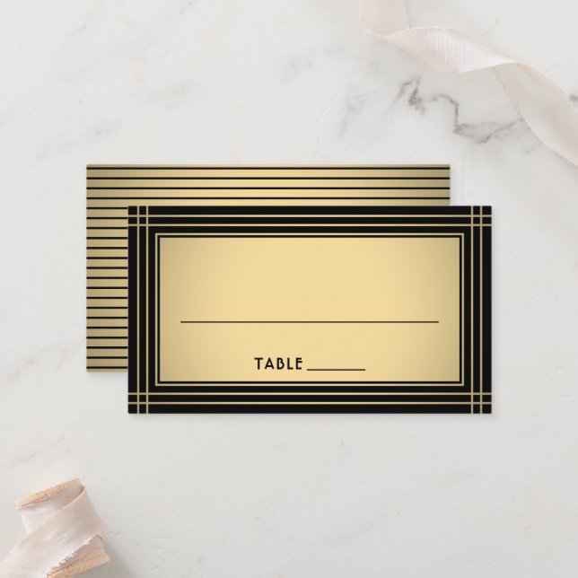 Classic Striped Border Chic Black & Gold Escort / Platzkarte (Vorderseite/Rückseite Beispiel)