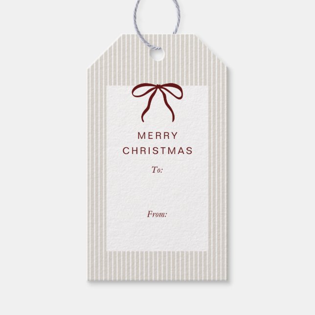 Classic Stripes Red Bow Merry Christmas Geschenkanhänger (Vorderseite)