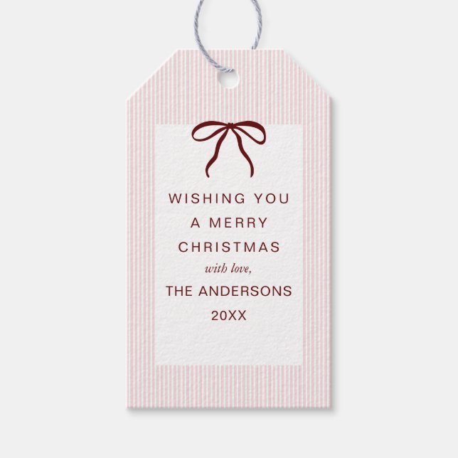 Classic Stripes Red Bow Merry Christmas Geschenkanhänger (Vorderseite)