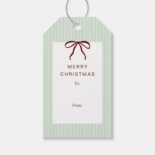 Classic Stripes Red Bow Merry Christmas Geschenkanhänger (Vorderseite)