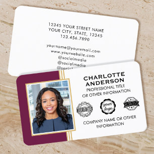 Classic Style Custom ID Foto Plum Gold Visitenkarte