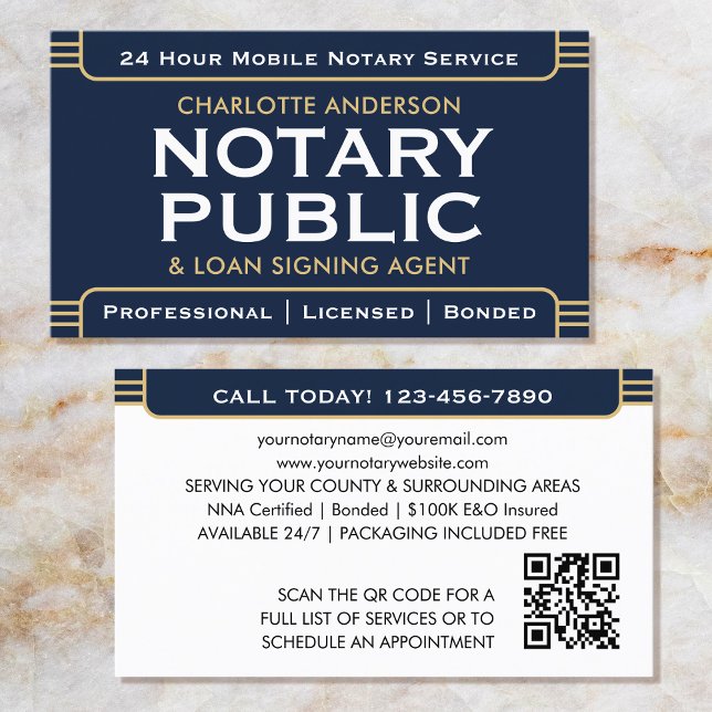 Classic Style Mobile Notary Public ID Navy Gold Visitenkarte (Von Creator hochgeladen)