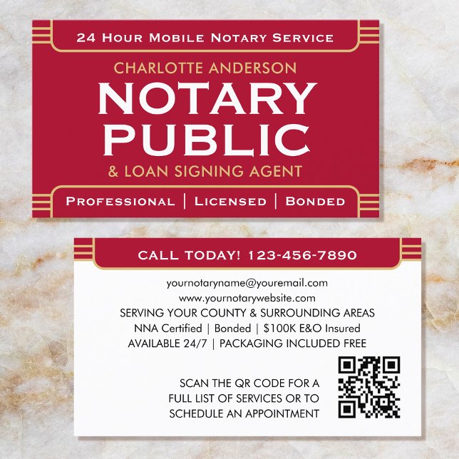 Classic Style Mobile Notary Public ID Red Gold Visitenkarte (Von Creator hochgeladen)