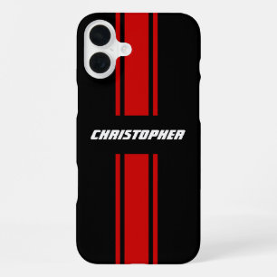 Classic Stylish Red Black Racing Stripes Monogramm iPhone 16 Plus Hülle