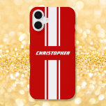 Classic Stylish Red White Racing Stripes Monogramm iPhone 16 Plus Hülle<br><div class="desc">Erstellen Sie Ihre eigenen individuellen, personalisierten, coolen, stilvollen, klassischen, roten und weißen Rennstreifen Design, fett weiß Typografie / Skript Monogramm, chic, schlank, stilvoll, ultra schlank passen, leicht, hochwertig Polycarbonat, schützend, am wirtschaftlichsten Apple iPhone Gehäuse. Zum Anpassen geben Sie einfach Ihren Namen / Monogramm / Initialen ein. Ein wunderschöner iPhone-Fall, macht...</div>