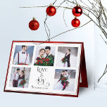 Classic Tailored Liebe & Joy Typografy 5-Foto Feiertagskarte<br><div class="desc">Klassisch schicke und sehr elegante Collage-Design mit mehreren Fotos,  mit Front-Template für fünf quadratische Fotos,  individueller Kalligrafiegrafik "Liebe & Freude" und Textfeld mit Imitaten in metallischem Farbverlauf rubinroter Hintergrund. Inside bietet ergänzende rote Hintergründe und bearbeitbare Textfelder.</div>
