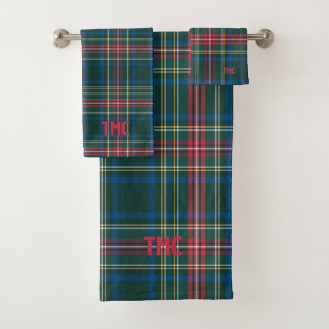 Classic Tartan Karierte Weihnachtsinitials Preppy Badhandtuch Set (Insitu)