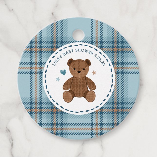 Classic Tartan Plaid Teddy Bear, Baby Boy Shower  Geschenkanhänger (Vorderseite)
