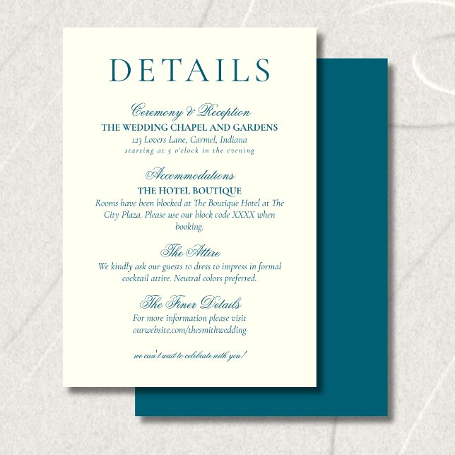 Classic Teal Blue Minimalist Wedding Details Begleitkarte (Classic Teal Blue Minimalist Wedding Details Enclosure Card)