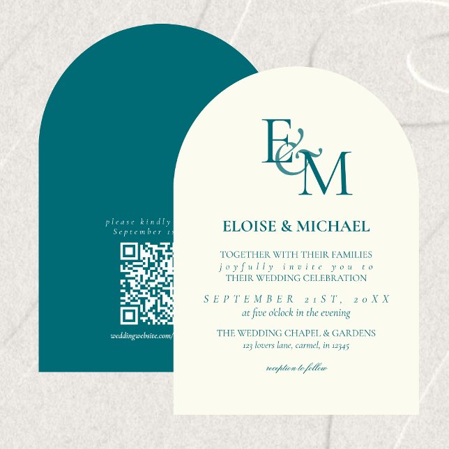 Classic Teal Blue Monogram Minimalist Wedding Einladung (Classic Teal Blue Monogram Minimalist Wedding Invitation)