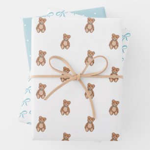 Classic Teddy Bear Blue Bow Baby Dusche Geschenkpapier Set