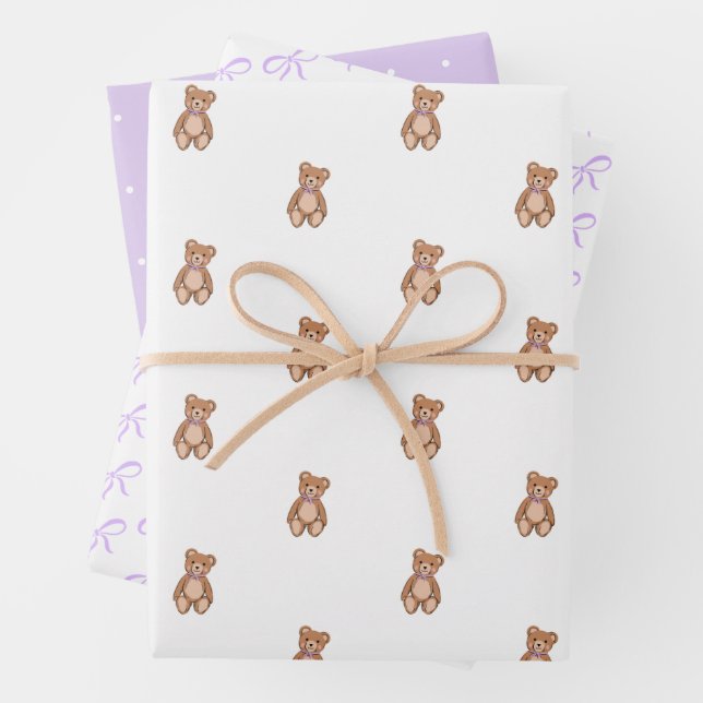 Classic Teddy Bear Lavender Lila Bow Baby Dusche Geschenkpapier Set (Beispiel)