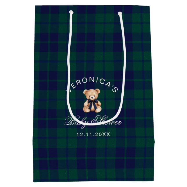 Classic Teddy Bear Navy Plaid Baby Shower Mittlere Geschenktüte (Rückseite)