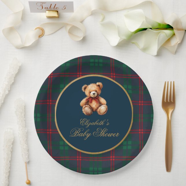 Classic Teddy Bear Navy Plaid Preppy Baby Shower Pappteller (Hochzeit)