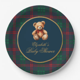 Classic Teddy Bear Navy Plaid Preppy Baby Shower Pappteller