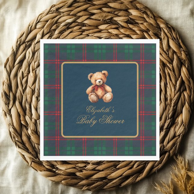 Classic Teddy Bear Navy Plaid Preppy Baby Shower Serviette (classic Teddy Bear Navy Plaid Preppy Baby Shower Napkins)