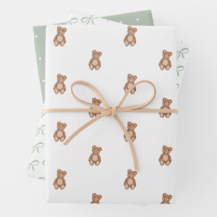Classic Teddy Bear Sage Green Bow Baby Dusche Geschenkpapier Set