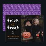 Classic Trick or Treat Halloween Family Photo Feiertagskarte<br><div class="desc">Celebrate the season with a high-contrast and timeless design. This elegant photo card allows your family portrait to shine while delivering a classic festive message to your friends and loved ones.</div>
