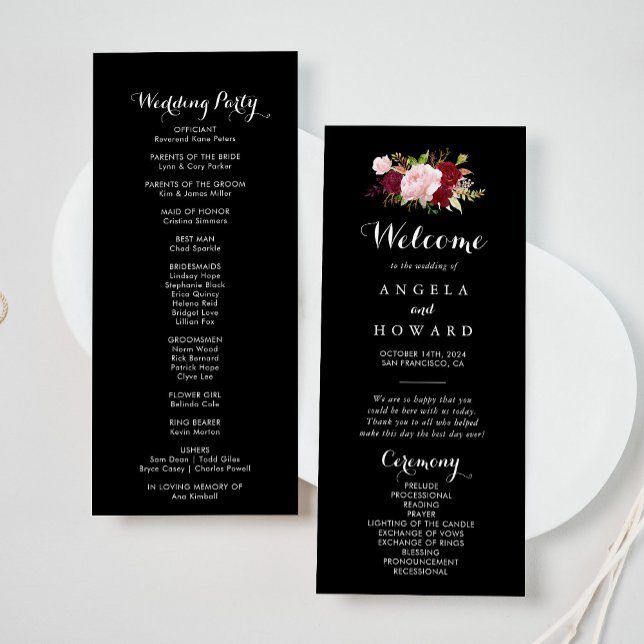 Classic Tropical Black Burgundy Wedding Program Programm (Von Creator hochgeladen)